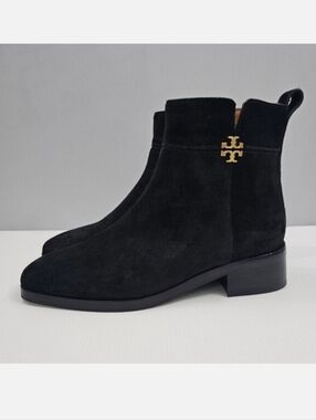 Tory Burch Everly Ankle Boot Womens 7.5 Black Suede Gold Logo Luxury Designer